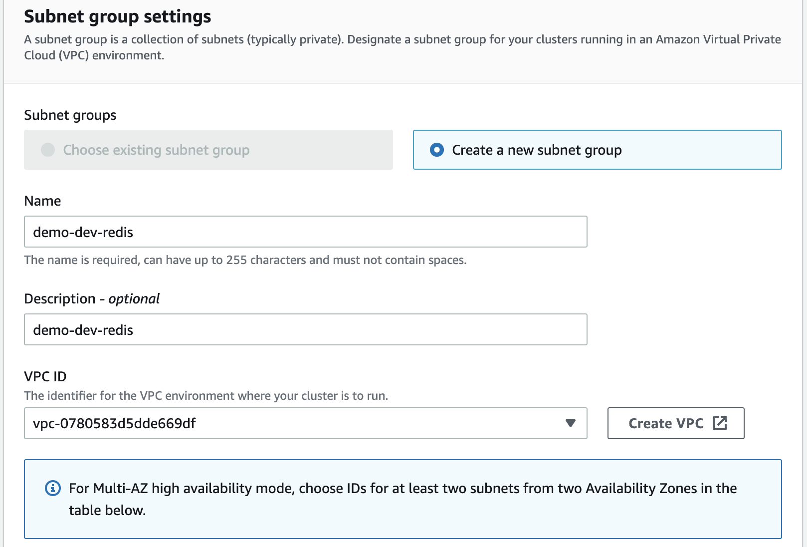 Create subnet group