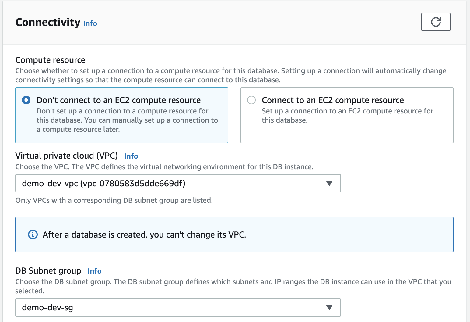 Select database vpc