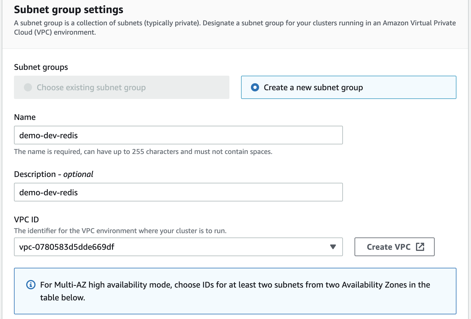 Create subnet group Create subnet group