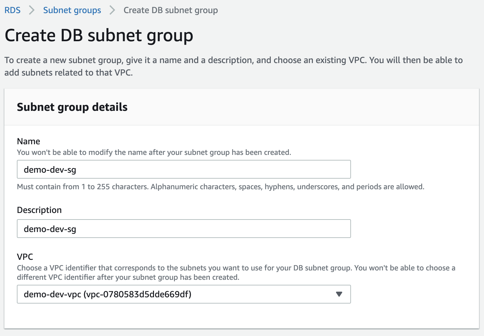 Create rds subnet group