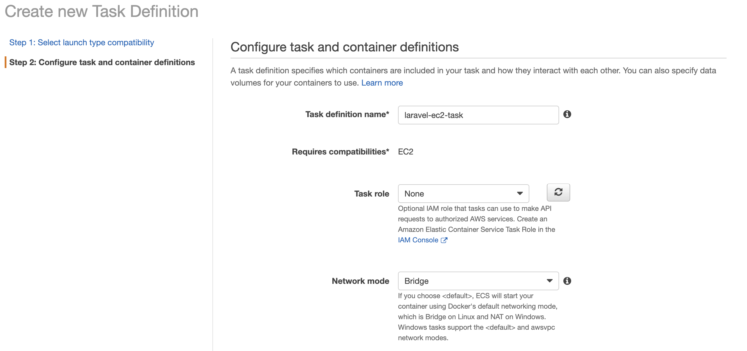Create aws task definitions